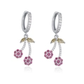 Macro view of cherry-shaped earrings with pink crystals and yellow stones on silver hoop - Silver Pave Zircon Cherry Earrings
