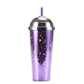 Detail of purple 24oz straw cup with holographic star patterns and silver dome lid - Style M/Purple Holographic Stars