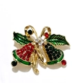 Christmas bow brooch with red holly leaves and bells in gold metal with rhinestones - Christmas Bell