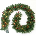 Macro detail of 9FT Christmas garland with pine cones, red berries and warm LED lights - SGF406 (Pointed With Pinecones Berries + Light)