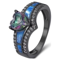 Gothic black gold heart ring with rainbow topaz and blue enamel accents - US 7