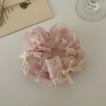 Floral organza scrunchie in lotus pink with two delicate white decorative bows - Bowknot Decor (T-F-156) / Pink