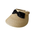 Women's straw visor hat with a large black bow and open top design for sun protection - Natural