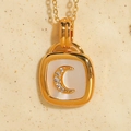 Collier doré 14K avec pendentif nacre et croissant de lune serti de zircons fins - Carré Arrondi Nacre Lune / Doré