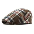 Classic retro plaid flat cap in brown, beige and orange textured checkered pattern - Coffee Plaid