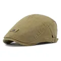 Classic khaki linen beret cap with retro texture and adjustable metal side buckle strap - Adjustable / Khaki