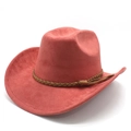Detailed view of pink faux suede jazz hat with woven brown tassel band and wide brim - M (56-59cm) / Brick Red (Suede)