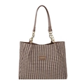 Houndstooth tote bag with brown leather handles and golden metal chain strap - 36.5/28/10CM / Coffee Houndstooth