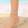 Bohemian double-layer anklet with whale tail pendant, pearls, and turquoise on sandy beach - Whale Tail Turquoise Style (KJ4192-SXSJ)