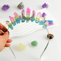 Detail of gradient crystal moon headband featuring pink, green and blue quartz stones - Pink Yellow Green