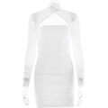 Elegante abito bianco in mesh a maniche lunghe con scollo all'americana e arricciato - M / Bianco