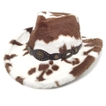 Cappello da cowboy con stampa mucca, tesa larga, fascia in pelle e stemma testa di toro - Corona a Cuore Caffè (Stampa Mucca Marrone e Bianca)