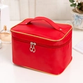Portable large capacity red satin cosmetic bag with golden piping and zipper handle - Red with Gold Trim