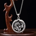 Silver retro double dragon pendant necklace with heart shield design on wooden stand - Double Dragon + Coiled Dragon Pendant (60cm O-chain)