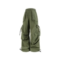 Pantaloni cargo stile americano verde oliva con gamba larga e vita con coulisse - M / Verde Militare