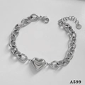 Silver stainless steel thick chain bracelet featuring a polished heart pendant and OT clasp - Silver Heart Pendant Thick Chain Stainless Steel Bracelet (A599)