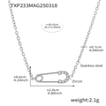 Silver stainless steel safety pin necklace with 5A zircon stones and adjustable link chain - 40+5cm / Steel Color Paperclip Zirconia Necklace