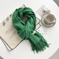 Soft green cashmere-feel scarf with elegant tassels displayed on a white table - Verdant