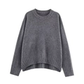 Deep grey loose crewneck ribbed knit sweater with asymmetrical hem and side slits - S / Gray