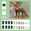 Vintage green and brick red striped press-on nails set with marble pattern in square shape - Matcha Milk Cap (Glue Type)