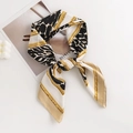 Elegant silk scarf featuring leopard print and golden chain pattern on white background - Beige Leopard