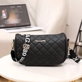 Black quilted crossbody bag with stylish letter-printed wide strap and gold hardware - Black