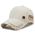 Off-white canvas baseball cap with brown embroidery and square metal badge detail - Adjustable / Light Beige