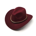 Close-up of wine red wide brim fedora hat featuring a chunky gold chain band detail - M(56-58cm) / Burgundy