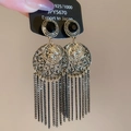 Detail of vintage French coin earrings with black stone and long gold chain tassels - Antique Gold/Black