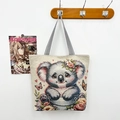 Off-white canvas tote bag featuring a cute gray koala jacquard with striped handles - Flower Gold Thread Single Sided Koala