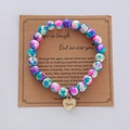 Handmade beaded bracelet with pink and blue stones and a Love heart charm on card - Blue Purple Pink Heart Metal Card Bracelet
