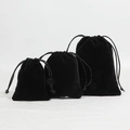 Three sizes of black velvet drawstring jewelry pouches on a clean white surface - 8*10cm / Black