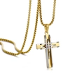 Close-up of gold and silver layered cross pendant with stylish golden box chain link - With 60cm Square Pearl Chain / Gold