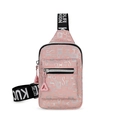 Pink crossbody sling bag with letter prints and adjustable black logo strap - Pink