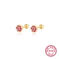 925 silver flower stud earrings with rose red zircon stones and screw-back closure - Gold Red Zirconia