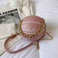 Pink basketball shaped crossbody bag with lychee texture and gold chain link - Pink