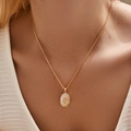 Elegant 18K gold-plated oval necklace with rose relief and white mother of pearl - KN0455-Oval Rose Mother Of Pearl Relief