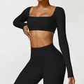 Women's black 2-piece yoga set featuring square neck long sleeve top and high waist leggings - Premium Black