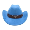 Sky blue western cowboy hat in faux suede with vintage bull head leather band - Blue