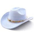 Detail of light blue faux suede cowboy hat with colorful beads and bohemian ethnic band - M(56-58cm) / Light Sky Blue
