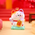 Lucky cat figurine in white with red hat holding golden coin on green base - A150 Blessing Cat / Extra Large Tray Display Series