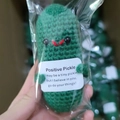 Handmade crochet positive pickle doll with motivational card for desktop decoration - No.3 Cucumber + Large Card + Base