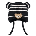 Toddler knitted winter hat featuring black and white stripes with a cute bear embroidery - One Size / Black