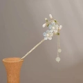 Golden Chinese hair pin with light blue magnolia flowers and pearl tassels in a vase - Blue Peach Blossom V2