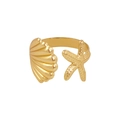 Golden open cuff bracelet featuring sea star and seashell motifs in a vintage style - Gold Shell Starfish Ring B3