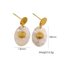 Elegant gold sunburst earrings with natural shell inlay in an oval stainless steel frame - Oval Sun Relief (YTE1143)