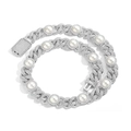 15mm silver iced-out Cuban link chain with round pearls and a crystal square clasp - 16inch Necklace (40cm) / Silver