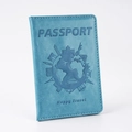 Detail of bright blue faux leather passport cover with world landmark embossing - Lake Blue