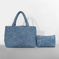 Blue woven tote bag set with matching clutch, featuring circular handles and textured finish - Denim Blue