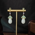 Ethnic style dangle earrings with white teardrop pendant and blue cloud motif on gold stand - E5693-2 Purple Bead Ruyi Cloud
